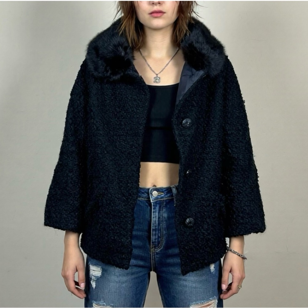 Vintage 1950s Black curly Persian Lamb Jacket  Mink Fur Collar Short Coat Size M